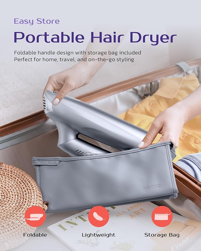 VENTRIS 1400W High-Speed Ionic Hair Dryer, Fast-Drying Lightweight Low-Noise Blow Dryer with Magnetic Diffuser & Concentrator, Cold Shot Button, BlitzFlow Series, Ethereal Gray