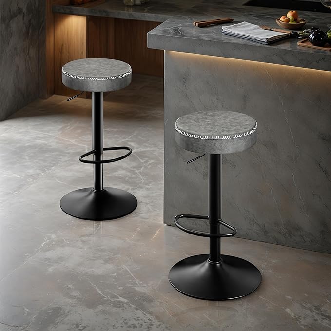 Adjustable Bar Stools Set of 2 Backless Kitchen Barstools with Round Seat 360° Swivel Counter Height Bar Stools Modern Microfiber Leather Bar Chairs for Dining Room Grey (24-33 Inch,330lbs)