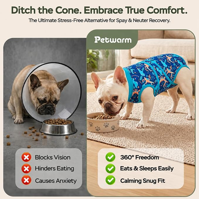 PetWarm After Surgery Onesie for Dogs, Pet Coat's Inner Clothes, Dog Cone Alternative After Surgery Suit for Dogs Female Male Dog Onesie for Spay Neuter, Dinosaur Pattern, Green, XS