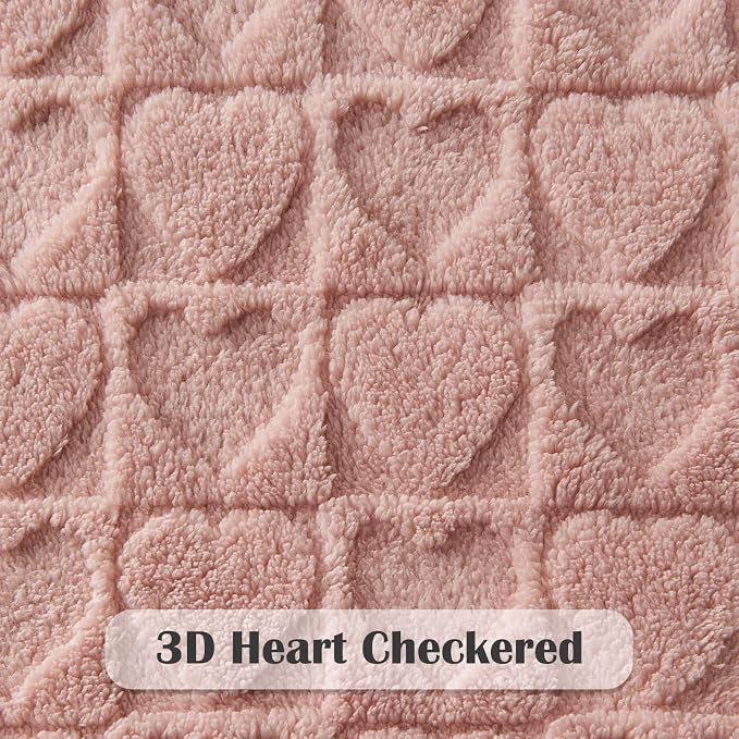 NEWCOSPLAY 3D Heart Checkered Flannel King Blanket, Dusty Pink, 90"x110" | Super Soft Cute Lightweight Decorative Premium Silky Fleece Blanket for Couch Sofa Bed, Gift for Women Men, All Season Use