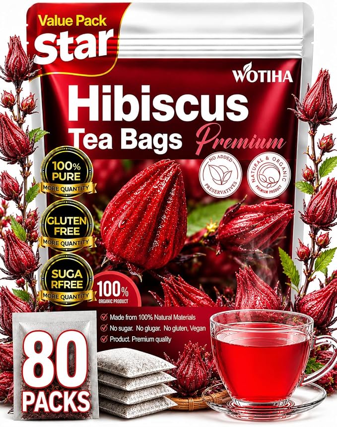 WOTIHA Premium 80 Hibiscus Flower Tea Bags (Flor de Jamaica) - 100% Natural, Tart & Refreshing, Hot or Ice Tea - Rich in Antioxidants, Sugar-Free Caffeine-Free Non-GMO Vegan Gluten-Free.