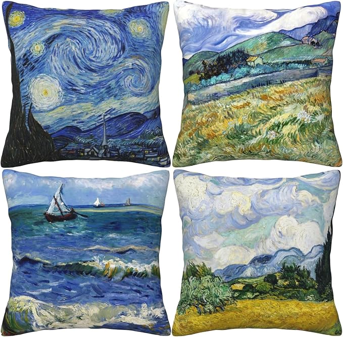 Vincent Van Gogh Pillow Cases Set of 4 Abstract Art Design Cushion Covers Square Decorative Pillow Covers for Famous Painting Fans 18 x 18 Inches