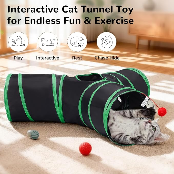 Tempcore Cat Tunnel, 3-Way Collapsible Toy for Indoor Cats, Black & Green