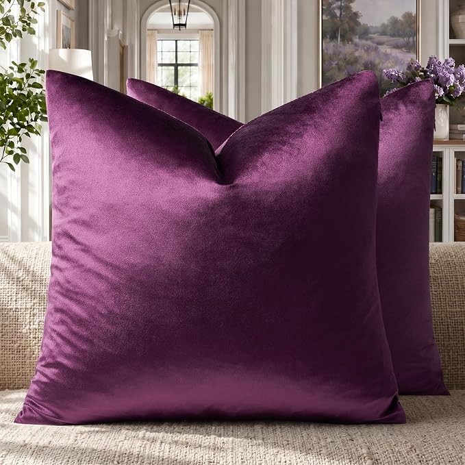 GIGIZAZA Velvet Pillow Covers 26x26 Decorative Pillows Pack of 2 Purple | Throw Pillows for Couch,Euro Sham,280gsm Soft Textured Fabric,Luxury Modern Pillowcases,Home Decor Cushion Covers