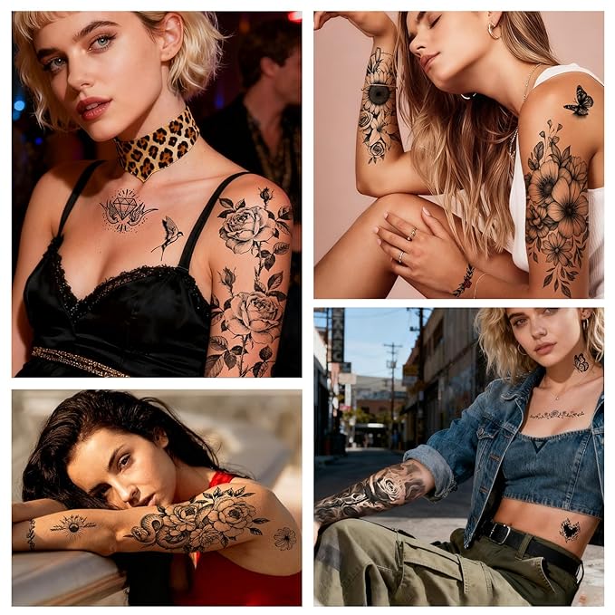 Yazhiji 92 Sheets Flower Temporary Tattoos For Women Arm Neck，Sunflower Serpent Peony Floral Rose Long Lasting Fake Tattoos For Adults Girl, Large Sexy Flowers Collection Waterproof Temporary Tattoos