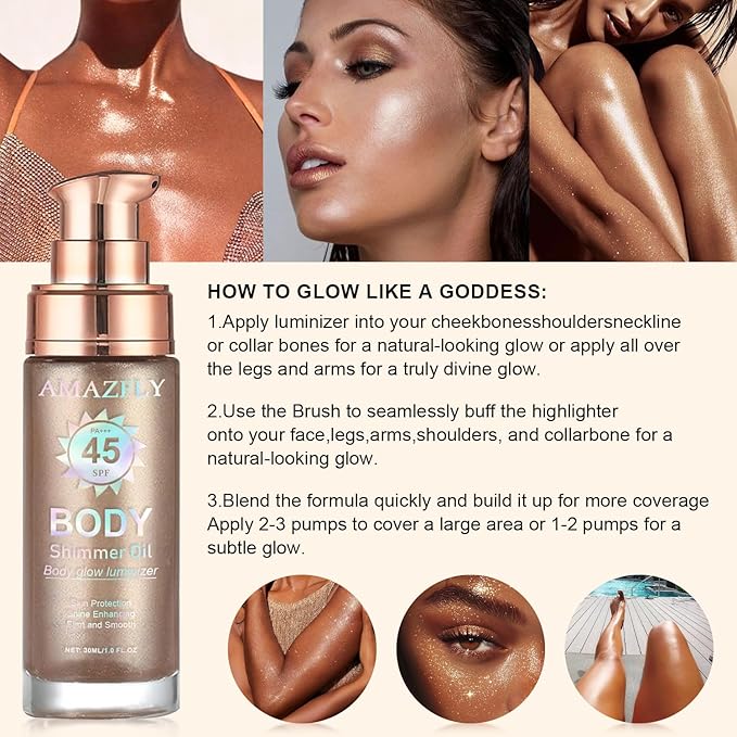 Shimmer Body Oil, SPF 45 Broad Spectrum, Sunscreen Face and Liquid Luminizer Waterproof Moisturizing, Light Shimmer Glow Illuminator, Smooth Body Highlighter Makeup (#01 Rose Gold)