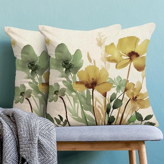 Floral Pillow Covers 20x20 Inch Set of 2 Sage Green Yellow Floral Throw Pillow Cover Outdoor Modern Spring Summer Flower Decoration Pillowcase Farmhouse Decorative Cushion Cover for Home Sofa