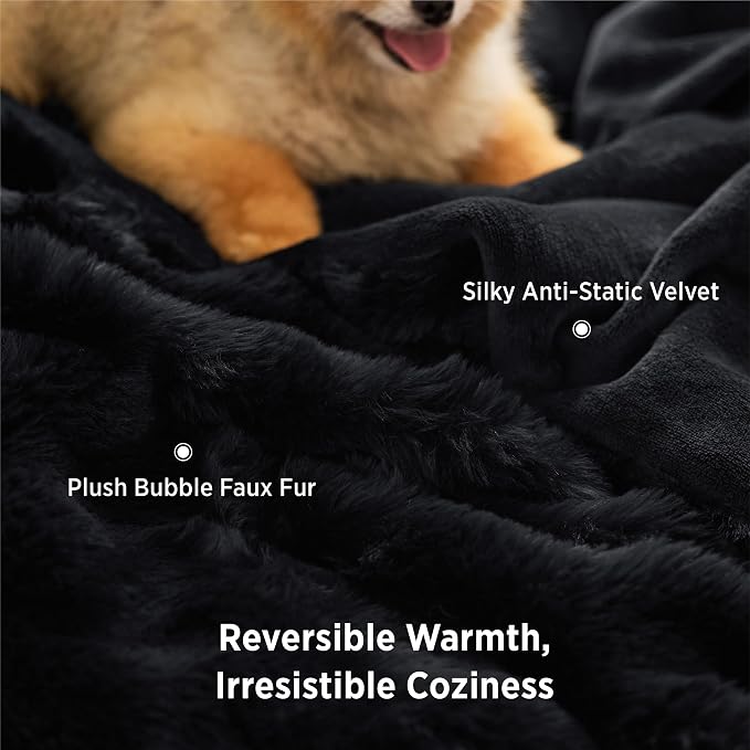Bedsure GentleSoft Bubble Faux Fur King Size Blanket for Bed, Fluffy Fuzzy King Blanket for Winter, Soft Cozy Faux Fur Bedding Thick Warm Plush Decor for Bedroom, Black, 104x90