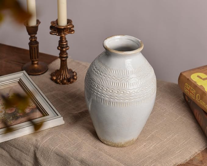 9.3 Inch Ceramic Rustic Flower Vase, White Boho Framhouse Vases Home Decor