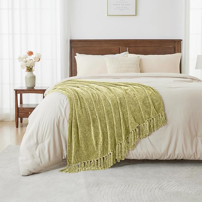 CozeCube Chenille Throw Blanket, Sage Green Fringe Blanket, 50"X60" | For Couch, Cozy Plush Fuzzy Decorative Blanket with Fringe Tassels, Lightweight Throws for Bed Sofa Gift Home Decor