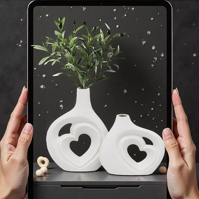 White Heart Shaped Hollow Ceramic Vase Set of 2 | Modern Nordic Boho Style, Table Centerpiece Decor, Matte Finish, H 8.5in