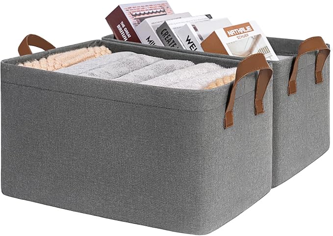CHICVITA 20L Fabric Storage Baskets for Shelves, Metal Frame, 2-Pack, Grey | 14 ¾" L x 10 ¼" W x 8 ¼" H, Leather Handles, Clothes, Towels & Shoes Storage, Closet, Bedroom & Entryway Organization