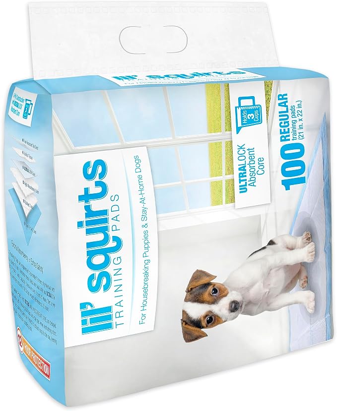 Lil' Squirts Puppy Training Pads 100 Pack for Potty Training & Housebreaking, UltraLock Absorbent Core, Leak-Proof, Odor Control | 21 in x 22 in, 12-Hour Protection, Ultralock Absorbent Core, Leak-Proof, No Bleach Or Dyes, Odor Control Dog Training Pads