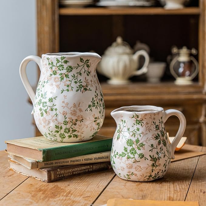 Ceramic Green and White Floral Vase with Handle, Rustic Farmhouse Pitcher Flower Vase, Chinoiserie Floral Vase for Home Decor, Living Room, Shelf, Office, Rustic Table Centerpiece 8 Inch
