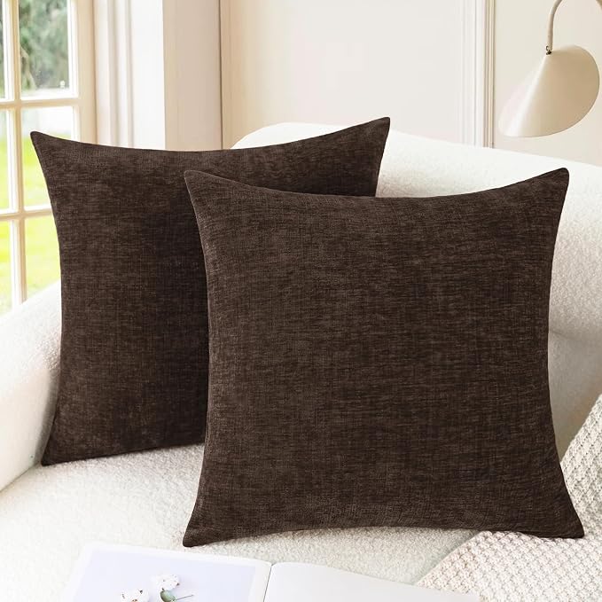 CaliTime Decorative Couch Throw Pillow Covers 18 X 18 Inches Coffee | Pack of 2, Cozy Chenille Cushion Cases for Sofa Bed Living Room Farmhouse Home
