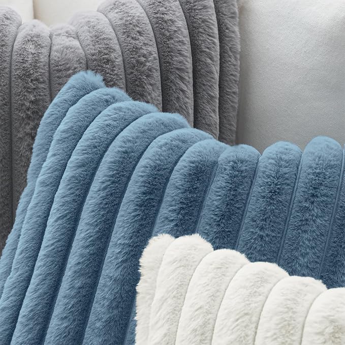 MIULEE Faux Fur Decorative Throw Pillow Covers 16x16 Set of 2 Grey Blue | Coastal Modern Soft Plush Couch Pillows, Cozy Fluffy Cushion Covers for Sofa Bed Living Room Home Decor