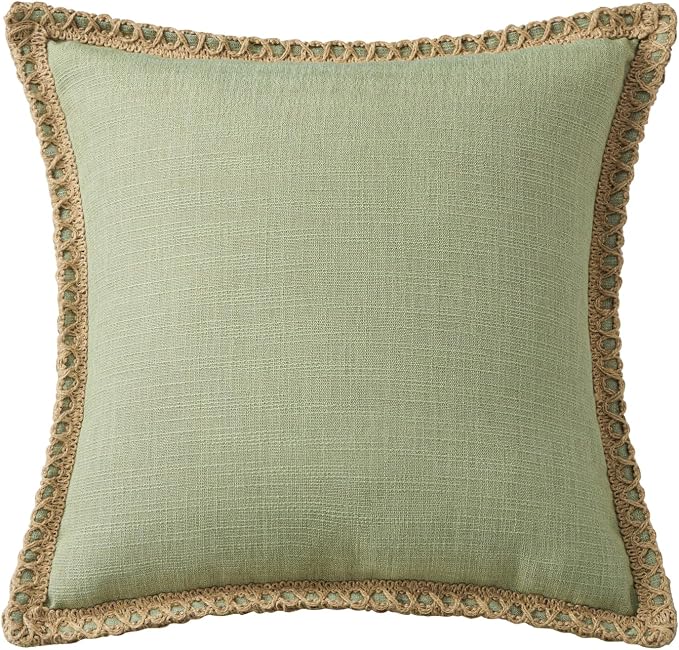 Phantoscope Pack of 2 Farmhouse Decorative Throw Decorative Pillow Cover Burlap Linen Trimmed Tailored Edges, Sage Green, 18 x 18 inches, 45 x 45 cm