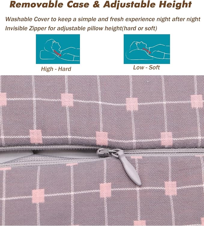 Upgraded Buckwheat Neck Pillows, Buckwheat Hull Pillow for Pain Relief, Pillow Cube for Sleeping with Zipper Washable Cotton Cover, Neck Support Meditation Cushion (18x10 Inch, Grey&Pink)