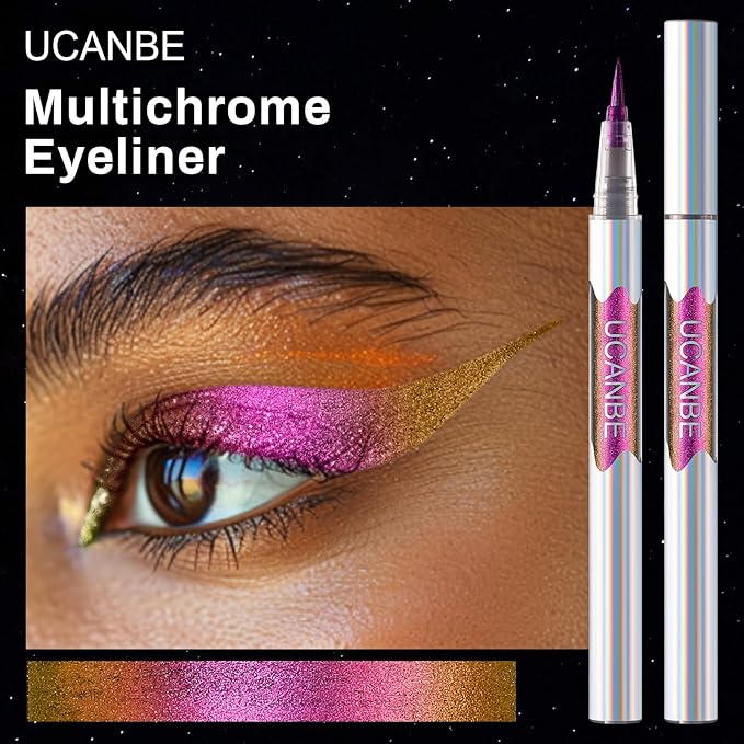 UCANBE Chameleon Liquid Eyeliner - Purple Yellow, Multi-Chrome Metallic Shift, Waterproof Glitter Eyeliner with Soft Fine Tip for Multi-Dimensional Eye Looks