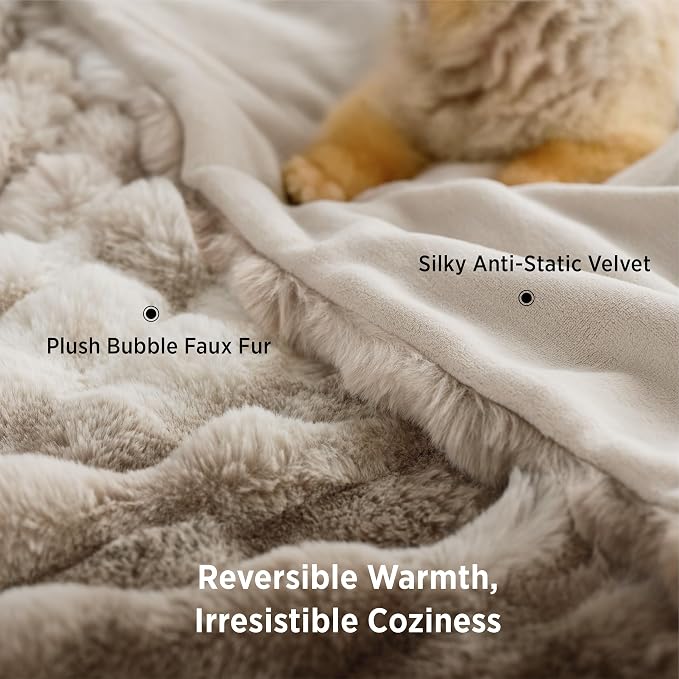 Bedsure GentleSoft Bubble Faux Fur Blankets Queen Size, Fluffy Fuzzy Queen Blanket for Bed, Soft Cozy Faux Fur Bedding for Winter, Thick Warm Plush Bed Cover, Tie-dye Taupe, 90x90