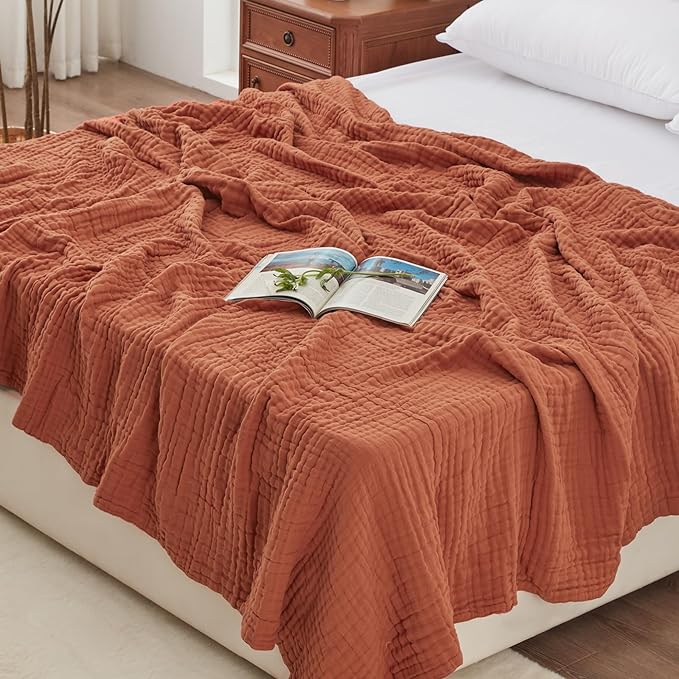 Love's cabin 100% Cotton Muslin Blanket, 6 Layer Lightweight Breathable Gauze King Size Blanket 108 x 90 Inches, Soft Summer Blanket for Bed, Orange