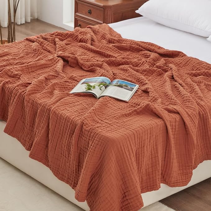 Love's cabin 100% Cotton Muslin Blanket, 6 Layer Lightweight Breathable Gauze Queen Size Blanket 90 x 90 Inches, Soft All Season Blanket for Bed, Orange