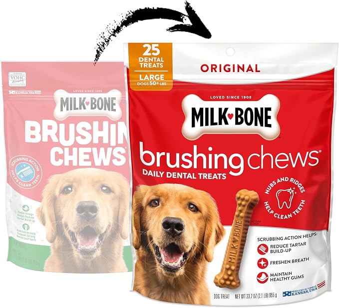 Milk-Bone Brushing Chews Original Chicken Flavor Daily Dental Dog Treats, Large, 33.7 Oz. Bag (Pack of 4)