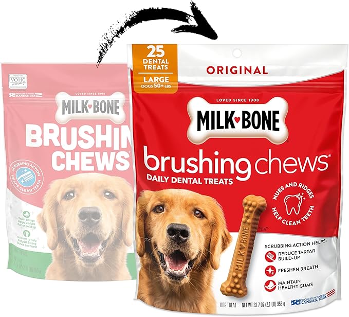 Milk-Bone Brushing Chews Large Daily Dental Dog Treats, 33.7 oz Bag | 25 treats, chicken flavored, VOHC accepted dental chews, helps clean teeth and freshen breath, for large dogs 50 lbs and up