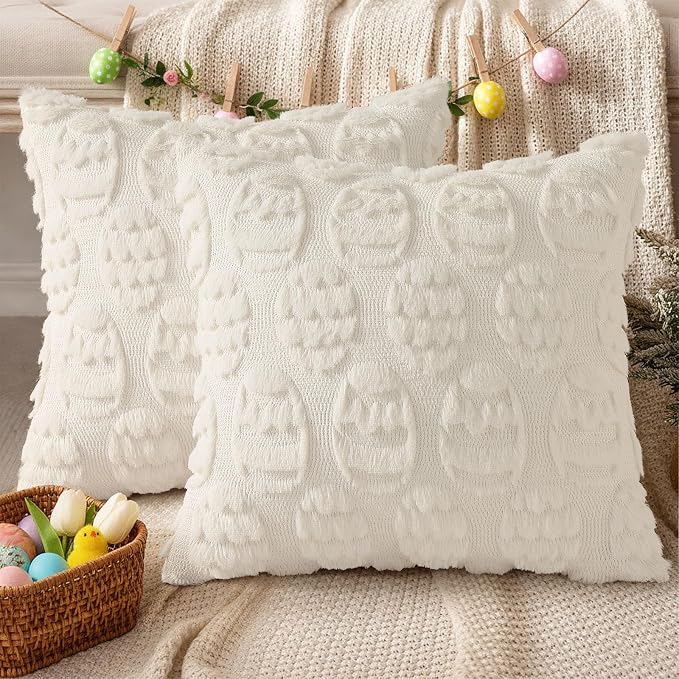 decorUhome Cream White Faux Fur Egg Throw Pillow Covers 18x18 Set of 2 | Plush Soft Wool Jacquard Cream White Cushion Covers, Modern Farmhouse Easter Holiday Decor Pillow Covers for Couch Sofa Bed