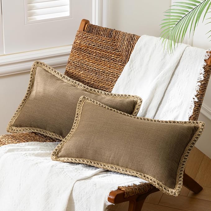 Phantoscope Pack of 2 Farmhouse Decorative Solid Throw Decorative Pillow Cover Burlap Linen Trimmed Tailored Edges Coffee 12 x 20 inches, 30 x 50 cm