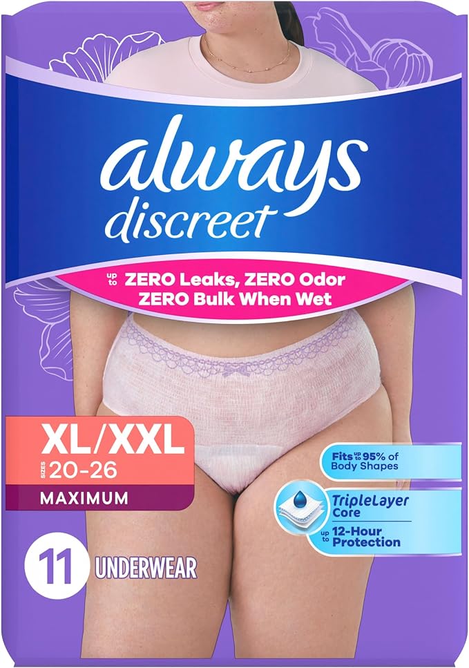 Always Discreet Reimagined Adult Diapers for Women, Maximum Absorbency Incontinence and Postpartum Underwear Size XL/XXL, Up to 100% Leak Free Bladder Leak Protection, 11 Count