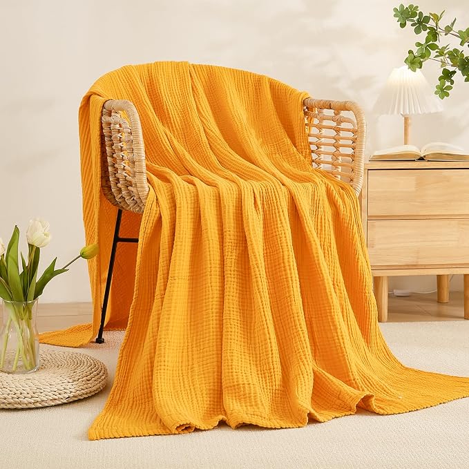 EMME Muslin Blankets for Adults Throw Blanket for Couch Breathable Gauze Soft Lightweight Airy Mustard Yellow King 108" x 90"