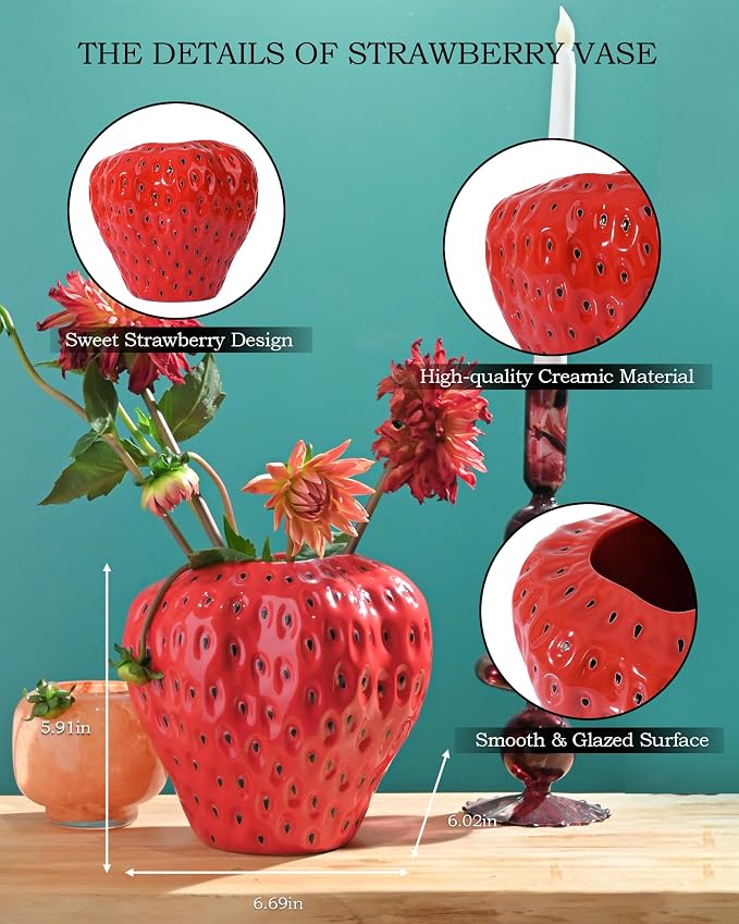 DN DECONATION Red Strawberry Vase, Ceramic Flower Vase for Table Home Decor | Strawberry Flower Vases for Colorful Home Decor, Decorative Cute Vase for Office, Mantel, Shelf, Strawberry Party Decorations