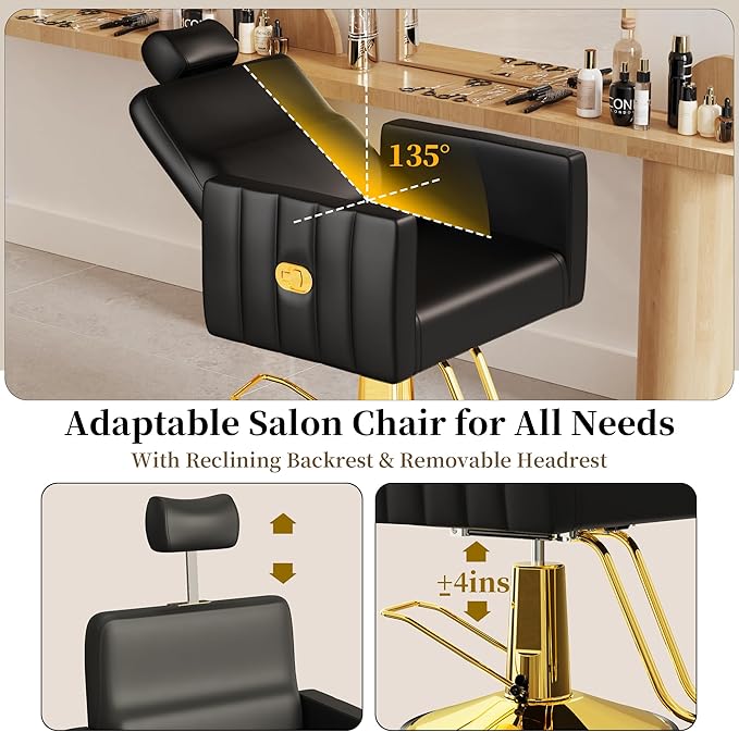 Baasha Reclining Gold Salon Chair with Adjustable Headrest, All-Purpose Hydraulic Styling Chair, Soft PU Leather, Heavy-Duty Steel Frame, 440 lbs Capacity, for Haircut, Braiding & Tattoo