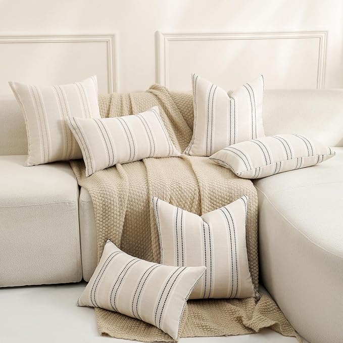Hckot Throw Pillow Covers 24x24 Set of 2 Striped Pillow Covers Textured Linen Decorative Pillows Square Cushion Covers for Sofa Couch Bed Living Room Farmhouse Decor, Grey