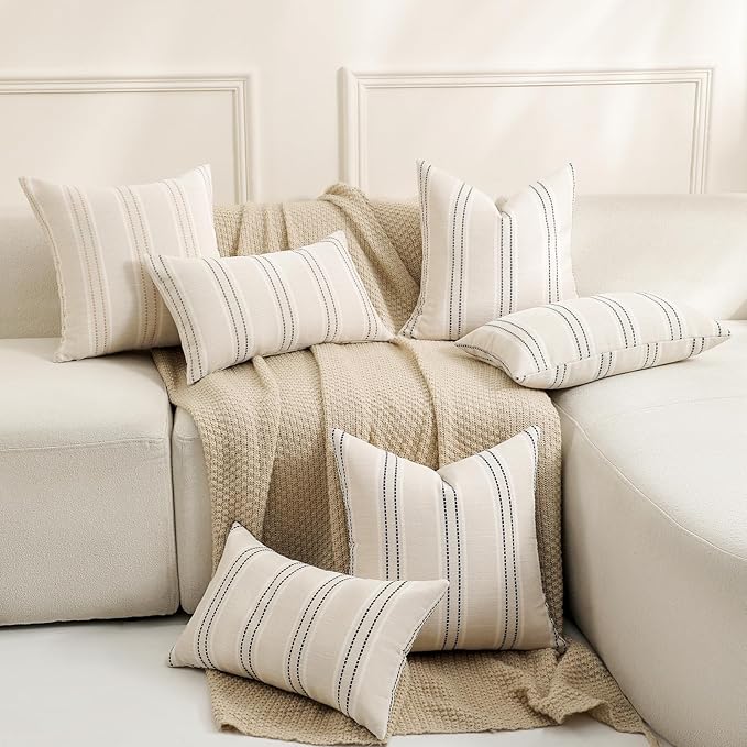 Hckot Throw Pillow Covers 12x20 Set of 2 Striped Pillow Covers Textured Linen Decorative Pillows Lumbar Cushion Covers for Sofa Couch Bed Living Room Farmhouse Decor, Black