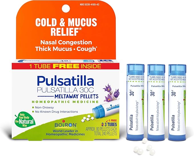 Boiron Pulsatilla 30C Homeopathic Medicine for Relief from Cold, Nasal Congestion, Thick Mucus, and Cough - 3 Count (240 Pellets)