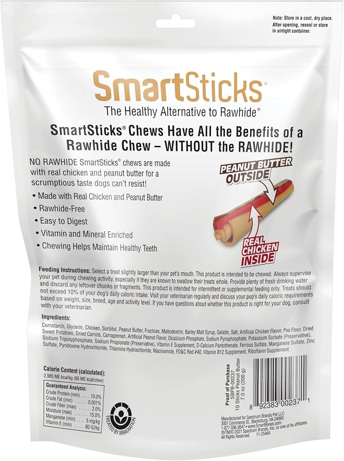 SmartBones SmartSticks Rawhide-Free Dog Treats, Peanut Butter, 10 Count | With Real Peanut Butter & Chicken, Easy To Digest Chew, Vitamin & Mineral Enriched, Supports Dental Health, For Small Dogs
