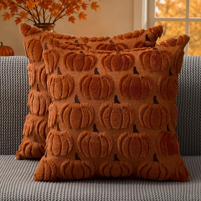 DFXSZ Fall Pillow Covers 18x18 2Pcs Rust Brown Pumpkin Fall Decorations | Fall decor Set of 2 Throw Pillow Cases Soft Plush Faux Fur Wool Couch Cushion for Chair Sofa Bedroom Living Room Home Decor