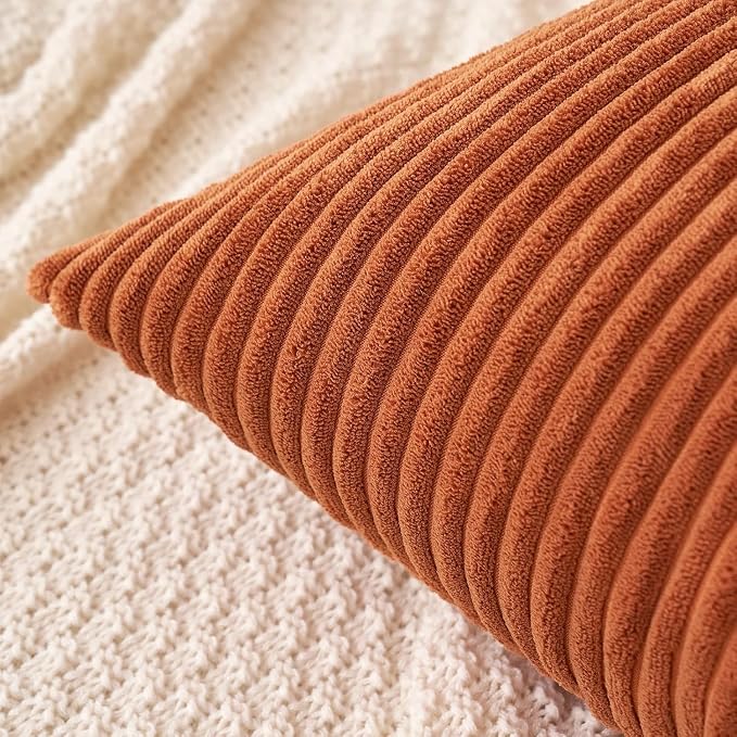 MIULEE Fall Euro Corduroy Throw Pillow Covers Set of 2 24x24 Rust | Soft Striped Textured Cushion Cases, Boho Rustic Square Pillowcases for Home Decor, for Couch Chair Sofa Bed Living Room