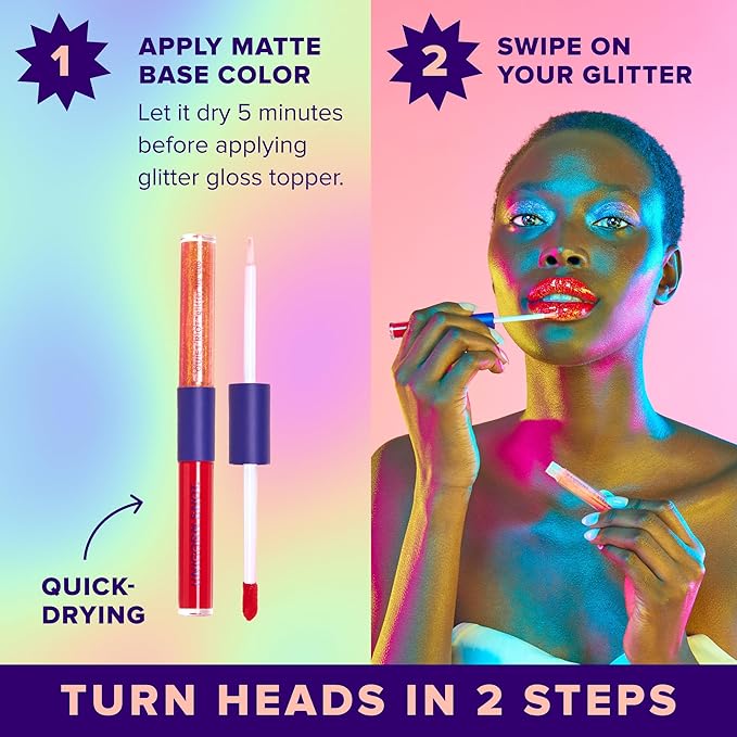 UNICORN SNOT Quiet Riot Glitter Lip Duo | 2-in-1 Set: Matte Lipstick & Plastic-Free Glitter | 0.15oz Red Lipstick & 0.16oz Gloss, Clash