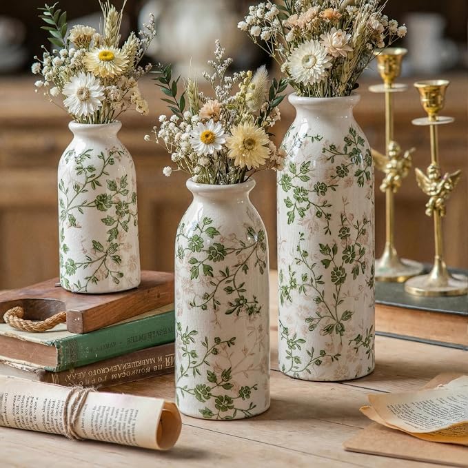Teweiqi Vintage Vase Set of 3, Ceramic Flower Vases Chinoiserie Decor, Rustic Farmhouse Vases Retro Decorative Vases, for Home Living Room Kitchen Table Mantle Shelf Decor - Green and White