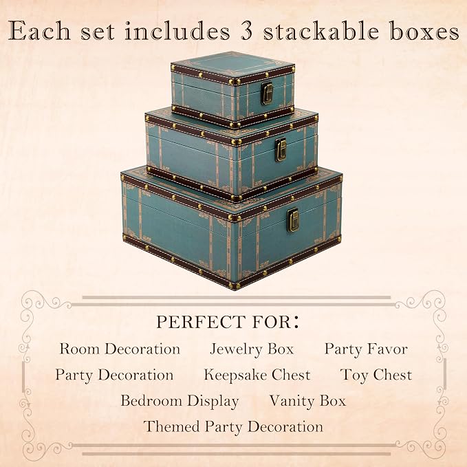 Jolitac Wooden Storage Box Set of 3, Antique-Looking Storage Containers with Secret Compartments Vintage Nesting Keepsake Chests for Jewelry, Cash, Photos Travel-Friendly & Stackable (Green)