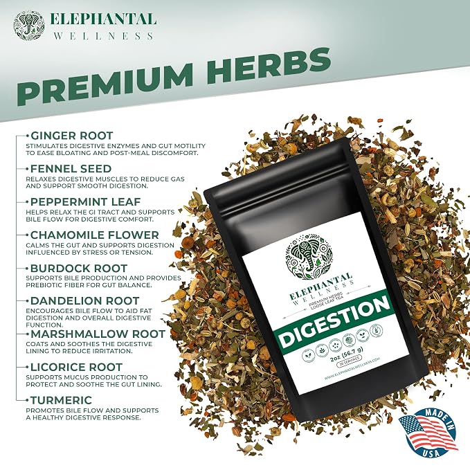 Elephantal Wellness Digestion Herbal Tea – Supports Healthy Digestion & Gut Comfort | Burdock Root, Ginger, Fennel, Peppermint, Turmeric & Chamomile | Caffeine-Free Loose Leaf Tea – 2oz, 20 Servings