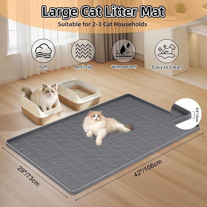 Silicone Cat Litter Mat 42" x 29" Cat Mat for Litter Box, Dark Grey | Extra Large Cat Litter Trapping Mat for Floor, Waterproof, Non-Slip Kitty Litter Box Mat with Raised Edge, Easy to Clean