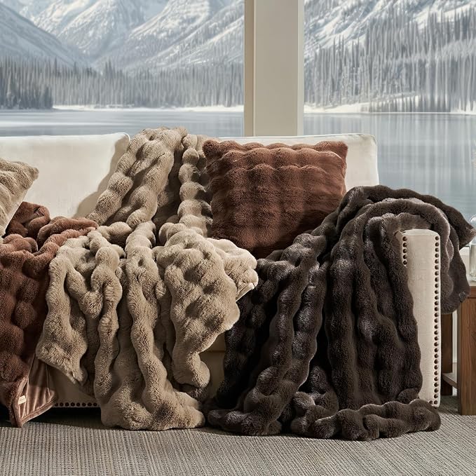 Faux Rabbit Fur Bubble Throw Blanket, 60"x80", Greige | Ultra Soft, Luxury Faux Rabbit Fur Throw, Thick Warm Bubble Blanket, Cozy Fluffy Reversible, for Bed, Couch, Chair, Sofa