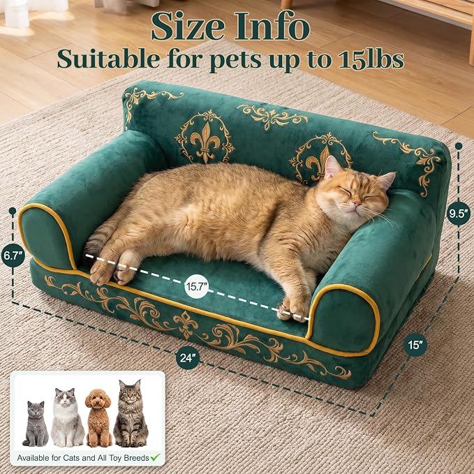Cat Couch Bed, Supportive Dog Bed for Small Dogs, 24 Inch | Faux Suede Fabric, Pet Couch Sofa for Cats and Small Dogs, Non-Slip and Washable Removable Cover, Vintage Green