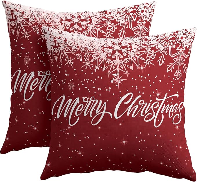 Kawani Merry Christmas Throw Pillow Covers 2pc, 22x22 Inch Farmhouse Red Xmas Snowflakes Winter Holiday Cushion Case Decoration Linen Square Pillowcase for Bed Couch Indoor Home Decor
