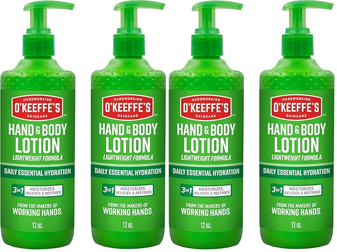 O'Keeffe's Hand and Body Lotion with Glycerin and Shea Butter - 12 oz Pump - Daily Essential Hydration, Heals & Relieves Extremely Dry Skin,(Pack of 4)