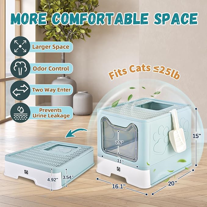 Covered Cat Litter Box, Extra Large Drawer Design with Dual Entry,Baby Blue | 13L litter capacity, adjustable door, leakproof structure, cleaning accessories, complimentary cat litter mat